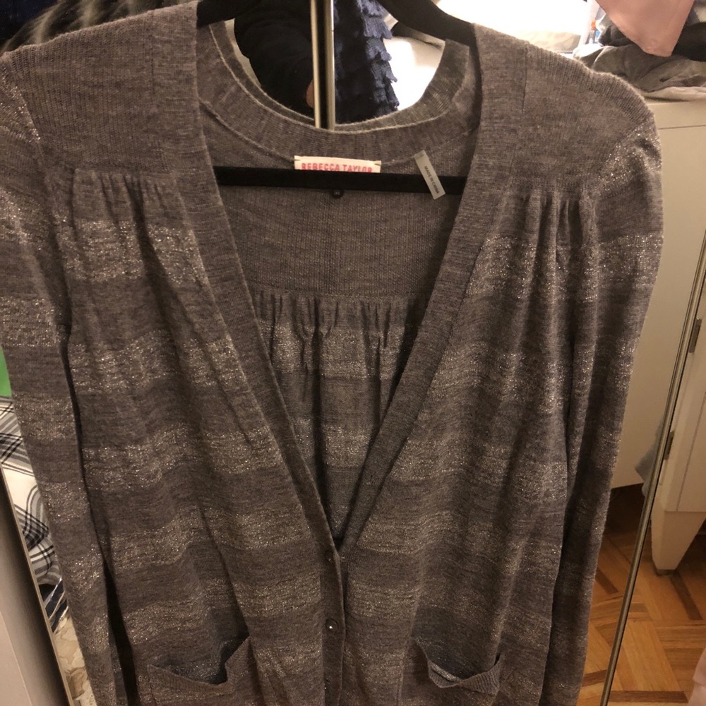 Rebecca Taylor Gray Metallic Striped Cardigan Med